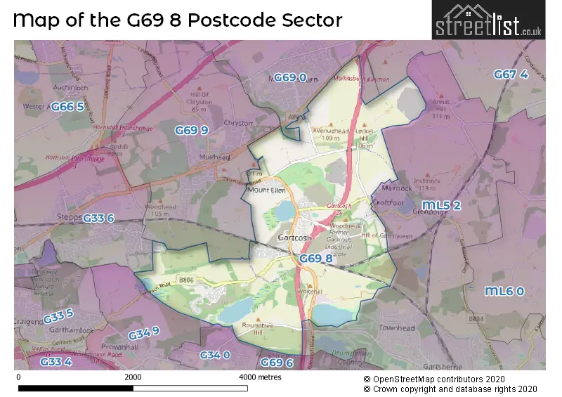 Map of the G69 8 and surrounding postcode sector