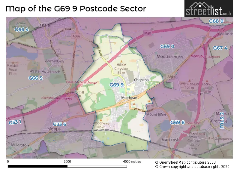 Map of the G69 9 and surrounding postcode sector