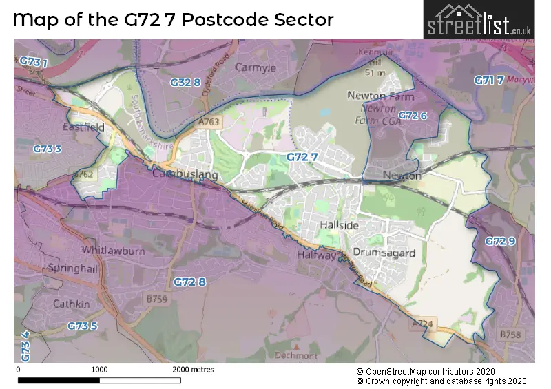 Map of the G72 7 and surrounding postcode sector