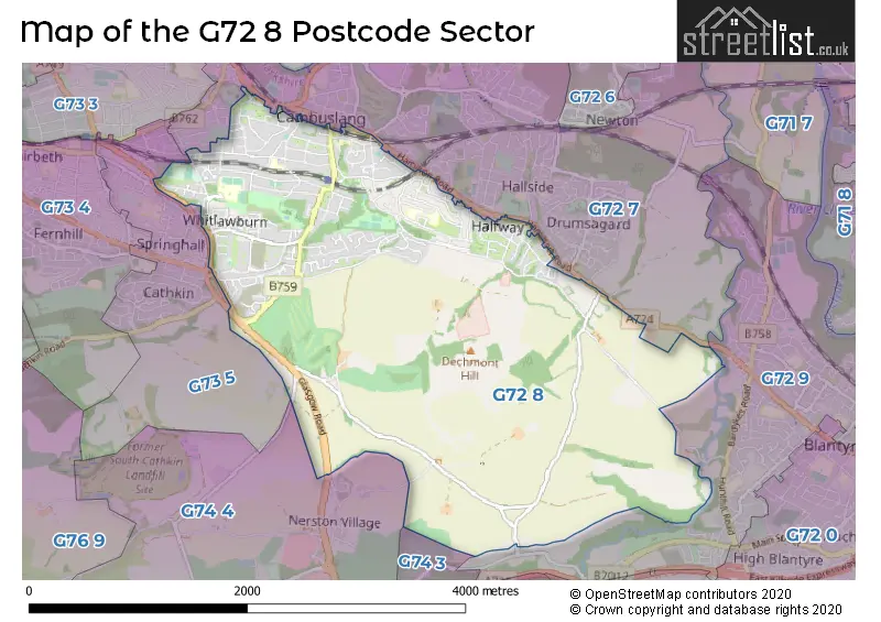 Map of the G72 8 and surrounding postcode sector