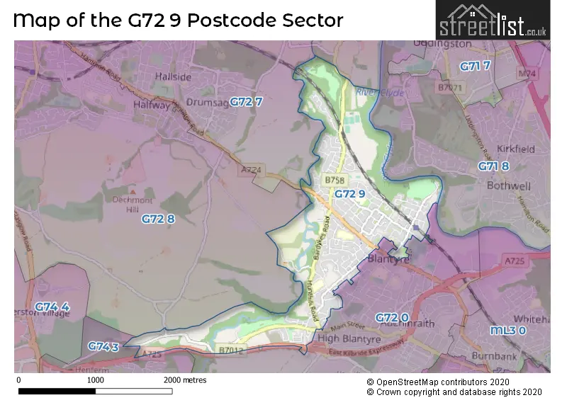 Map of the G72 9 and surrounding postcode sector