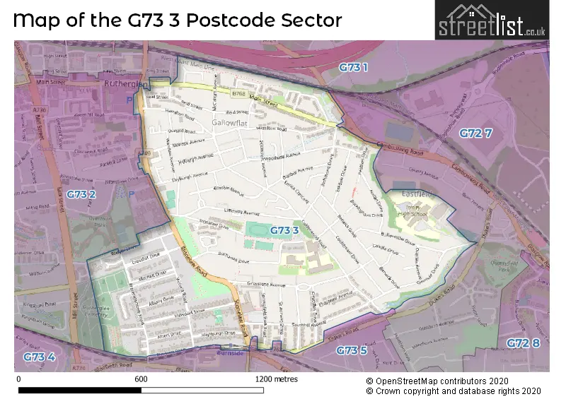 Map of the G73 3 and surrounding postcode sector