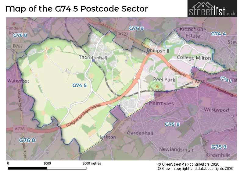 Map of the G74 5 and surrounding postcode sector