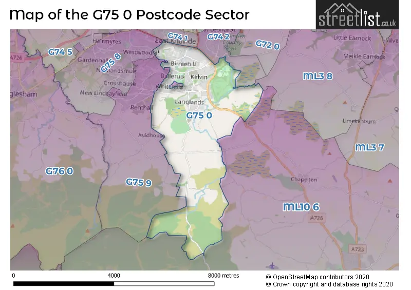 Map of the G75 0 and surrounding postcode sector