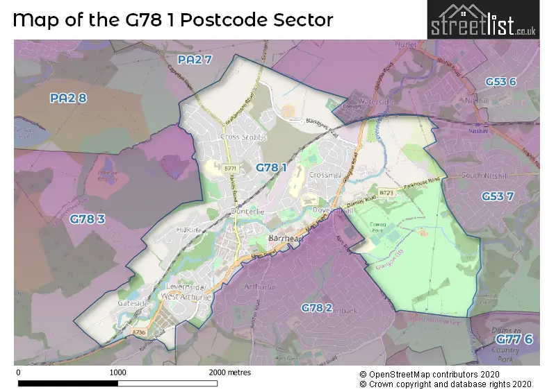 Map of the G78 1 and surrounding postcode sector