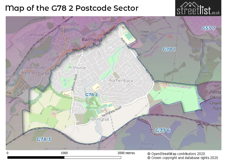 Map of the G78 2 and surrounding postcode sector