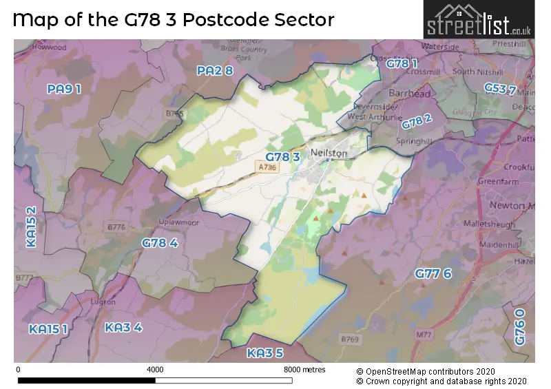 Map of the G78 3 and surrounding postcode sector