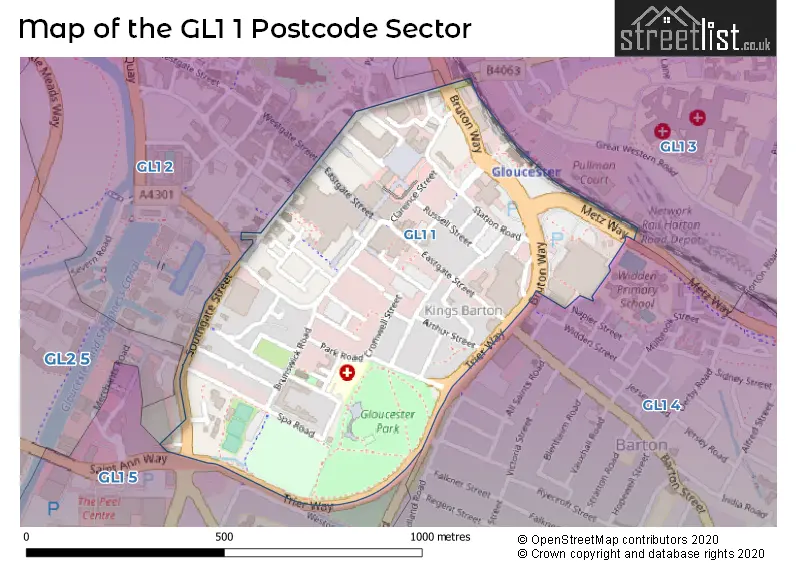 Map of the GL1 1 and surrounding postcode sector