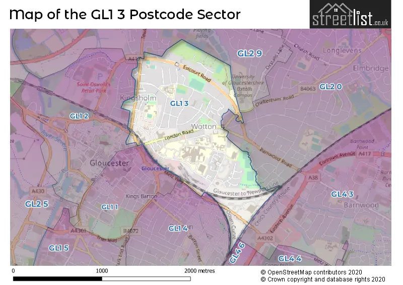 Map of the GL1 3 and surrounding postcode sector