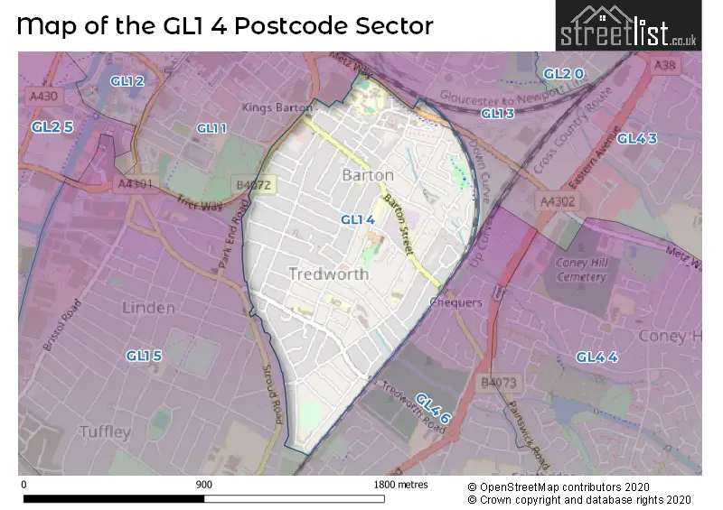 Map of the GL1 4 and surrounding postcode sector