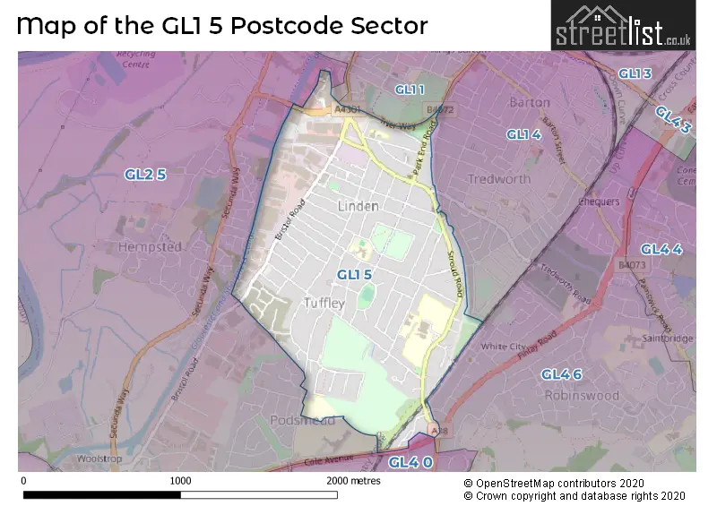 Map of the GL1 5 and surrounding postcode sector
