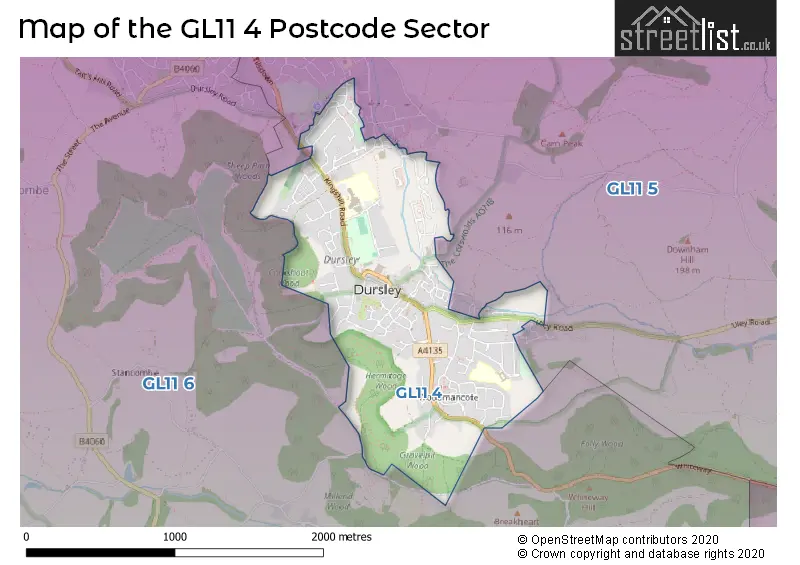 Map of the GL11 4 and surrounding postcode sector
