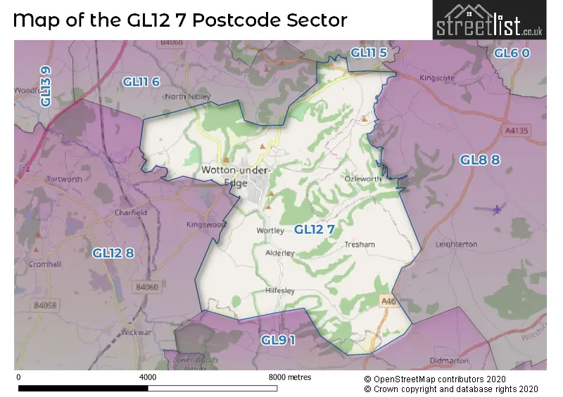 Map of the GL12 7 and surrounding postcode sector