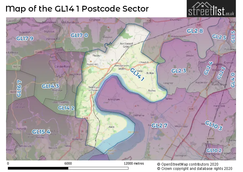Map of the GL14 1 and surrounding postcode sector