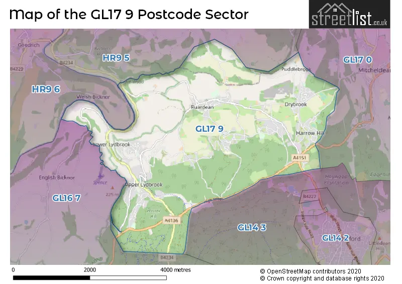 Map of the GL17 9 and surrounding postcode sector