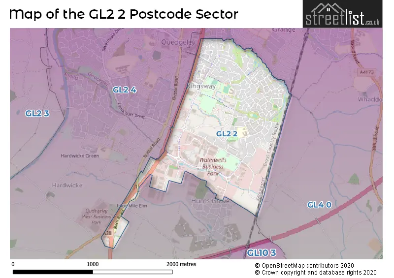 Map of the GL2 2 and surrounding postcode sector