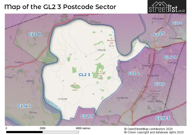 Map of the GL2 3 and surrounding postcode sector