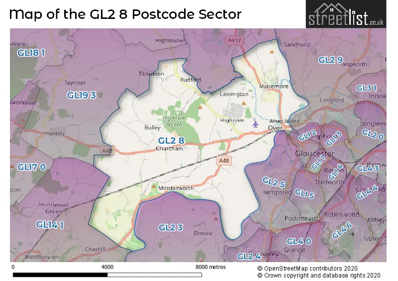 Map of the GL2 8 and surrounding postcode sector