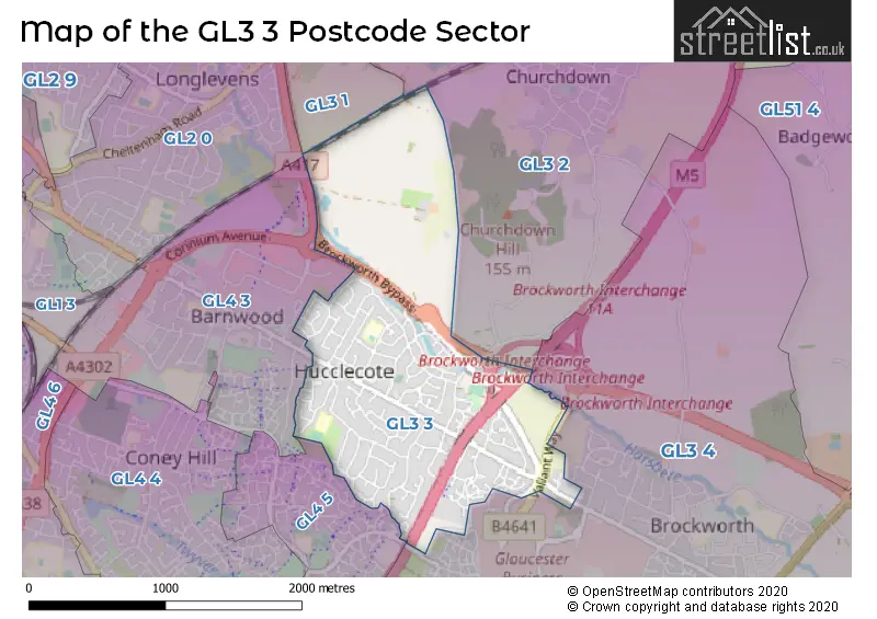 Map of the GL3 3 and surrounding postcode sector