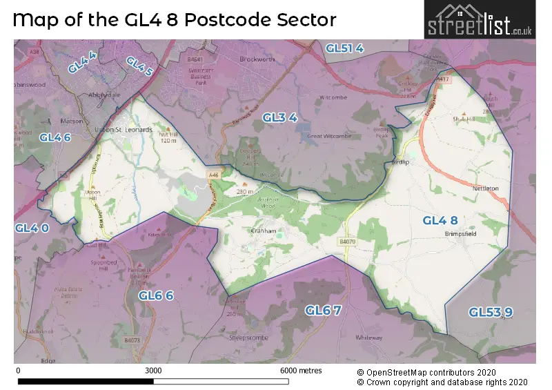 Map of the GL4 8 and surrounding postcode sector