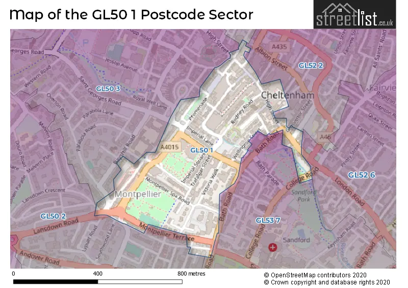 Map of the GL50 1 and surrounding postcode sector