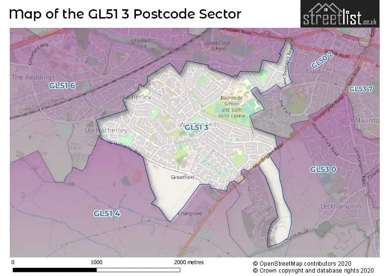 Map of the GL51 3 and surrounding postcode sector
