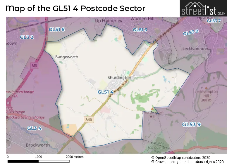 Map of the GL51 4 and surrounding postcode sector