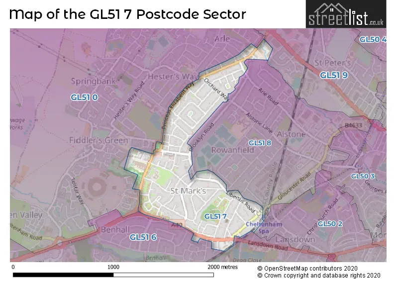 Map of the GL51 7 and surrounding postcode sector