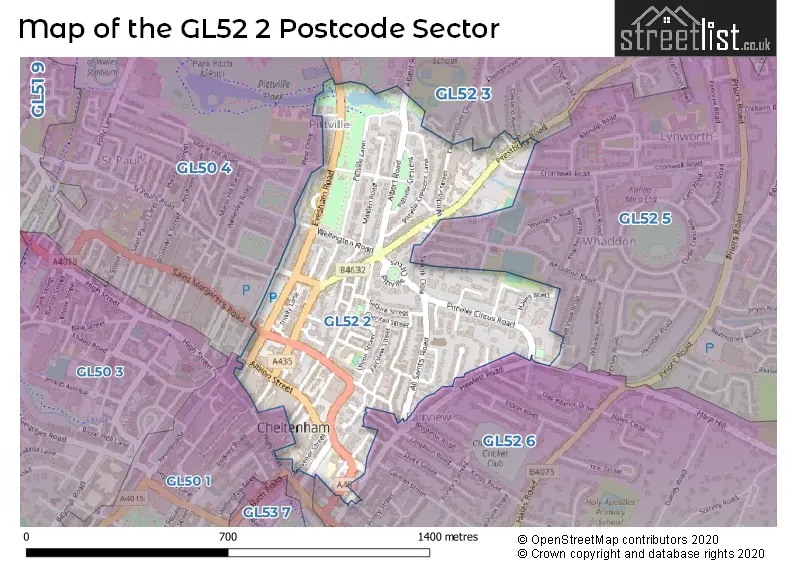 Map of the GL52 2 and surrounding postcode sector