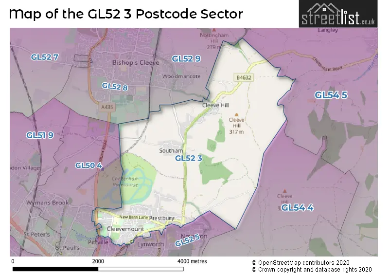 Map of the GL52 3 and surrounding postcode sector
