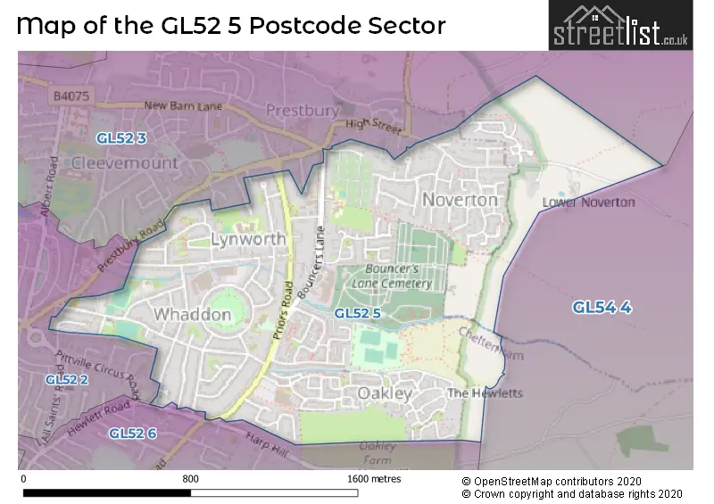 Map of the GL52 5 and surrounding postcode sector