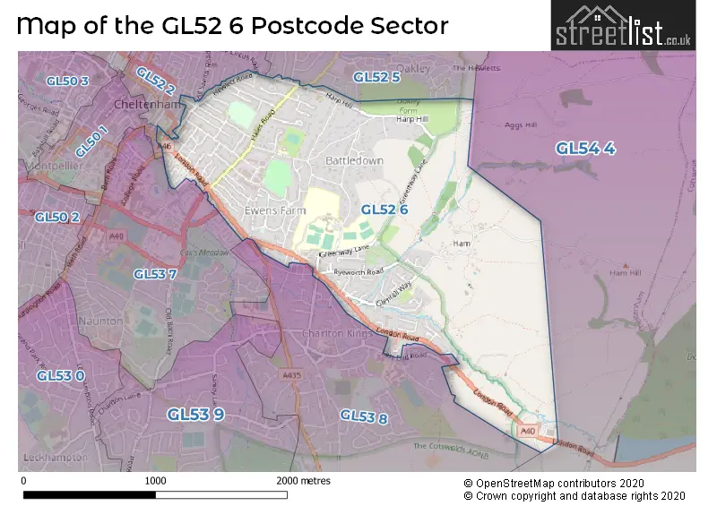 Map of the GL52 6 and surrounding postcode sector