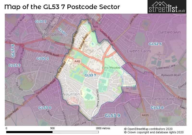 Map of the GL53 7 and surrounding postcode sector