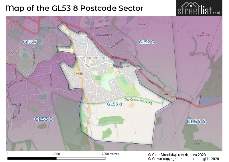 Map of the GL53 8 and surrounding postcode sector