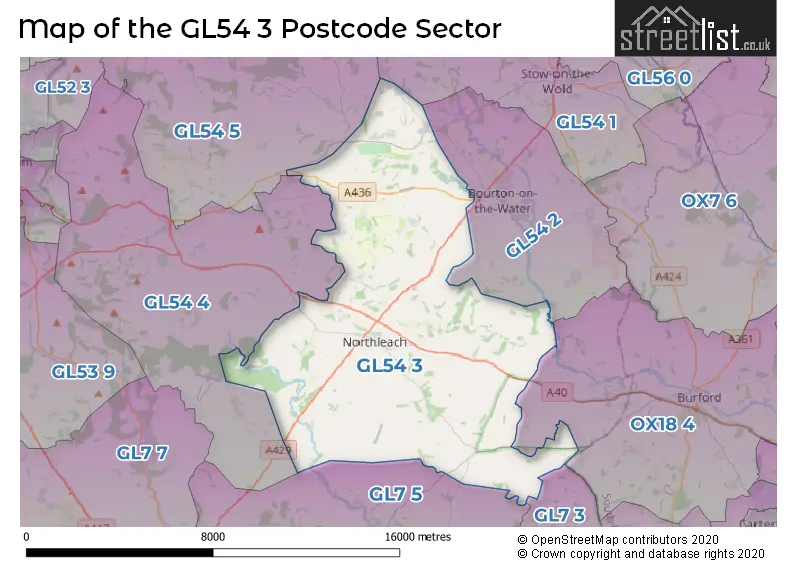 Map of the GL54 3 and surrounding postcode sector