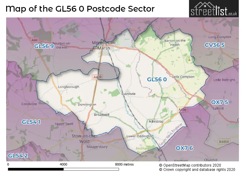 Map of the GL56 0 and surrounding postcode sector