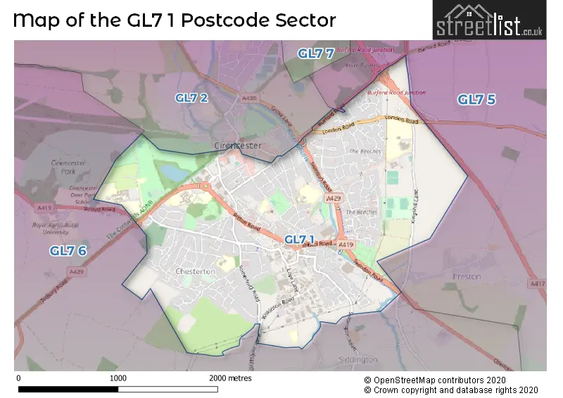 Map of the GL7 1 and surrounding postcode sector