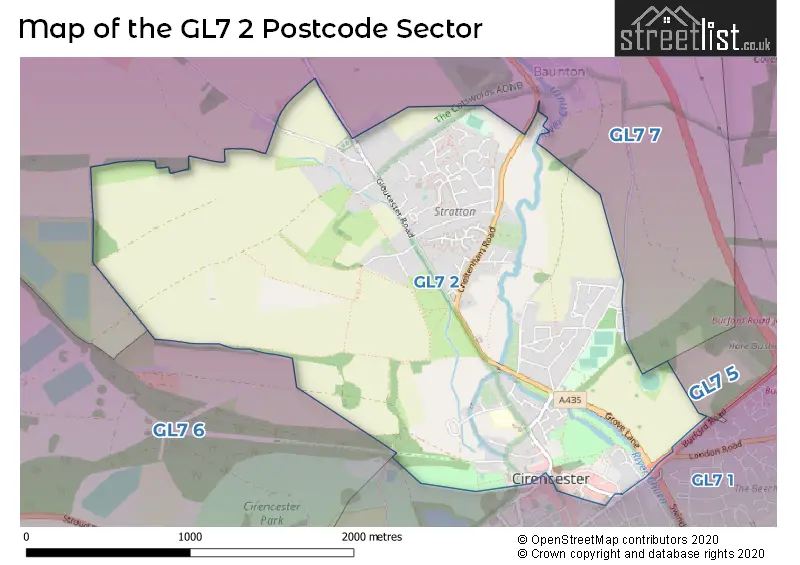 Map of the GL7 2 and surrounding postcode sector