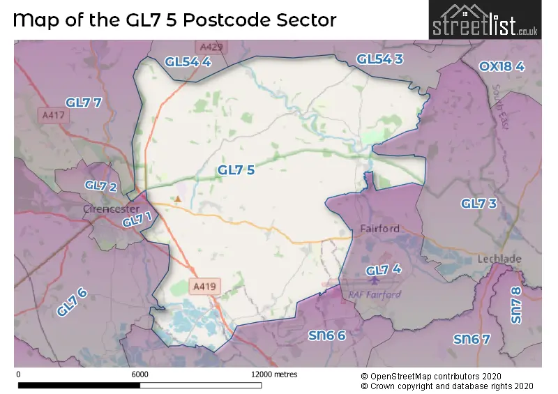 Map of the GL7 5 and surrounding postcode sector