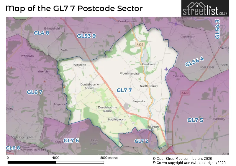 Map of the GL7 7 and surrounding postcode sector
