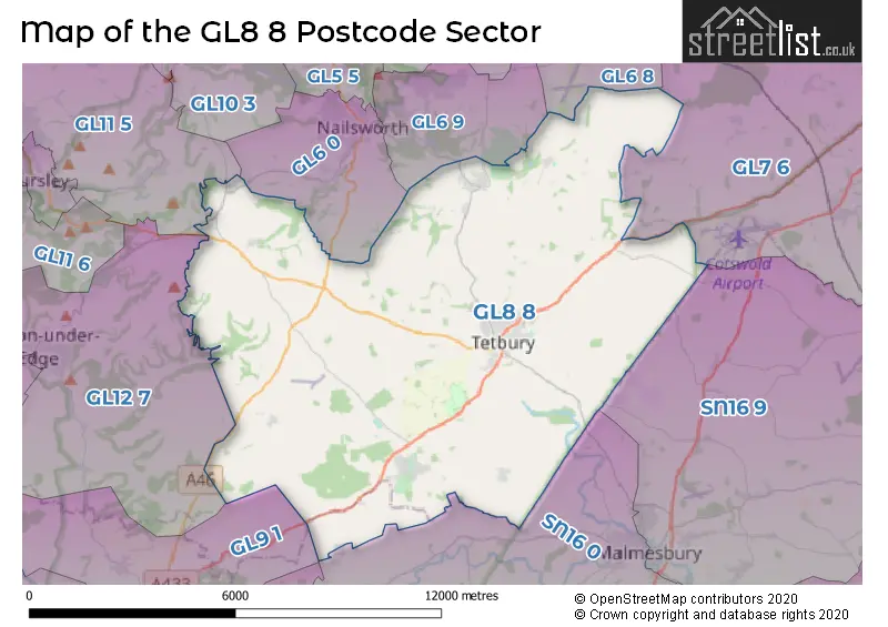 Map of the GL8 8 and surrounding postcode sector