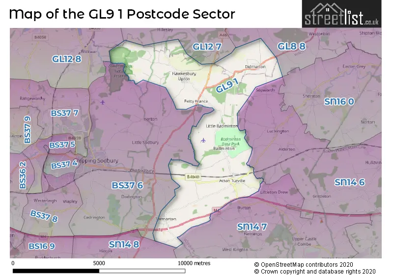 Map of the GL9 1 and surrounding postcode sector