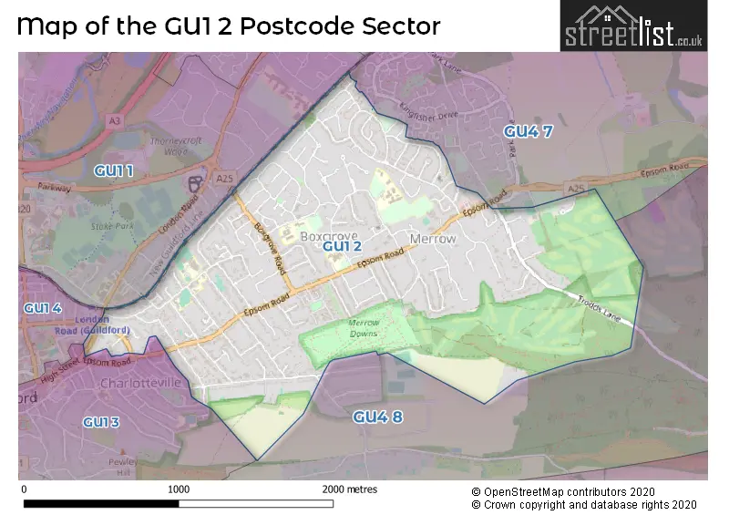 Map of the GU1 2 and surrounding postcode sector