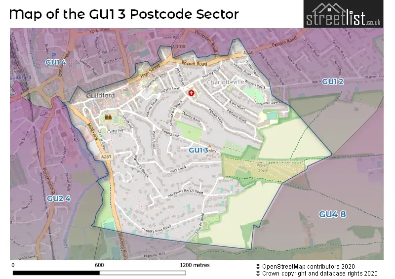 Map of the GU1 3 and surrounding postcode sector