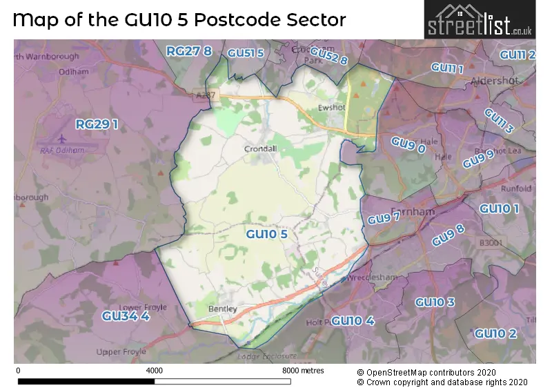 Map of the GU10 5 and surrounding postcode sector