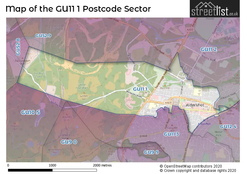 Map of the GU11 1 and surrounding postcode sector