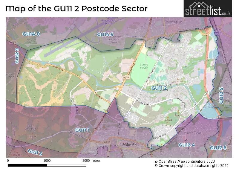 Map of the GU11 2 and surrounding postcode sector