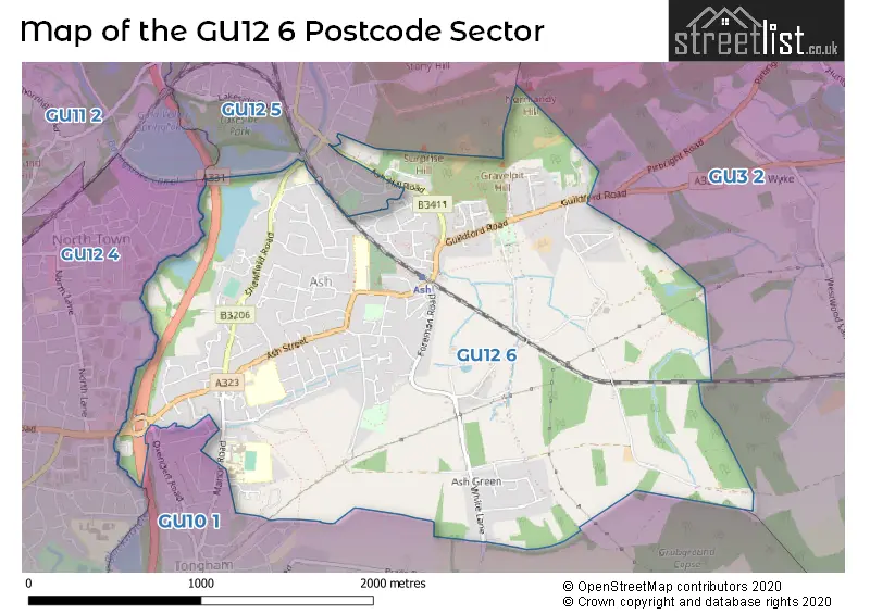 Map of the GU12 6 and surrounding postcode sector