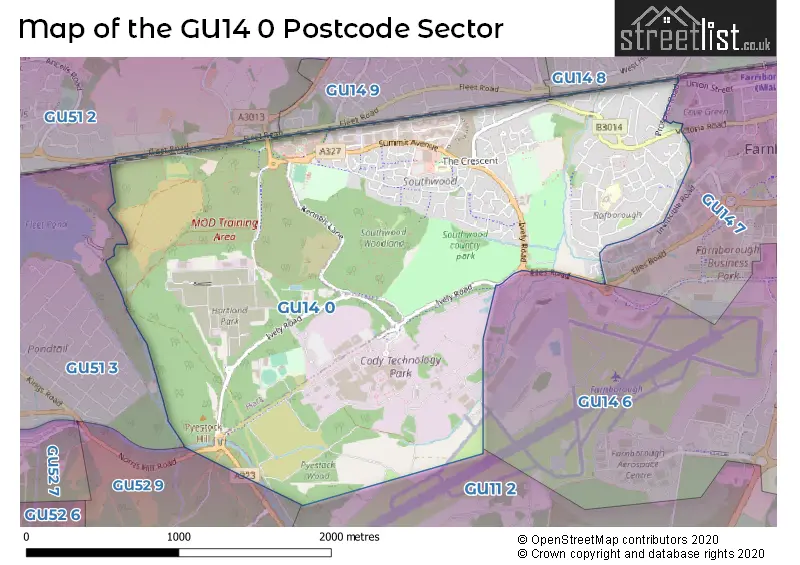 Map of the GU14 0 and surrounding postcode sector