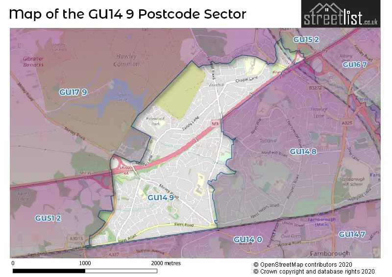 Map of the GU14 9 and surrounding postcode sector